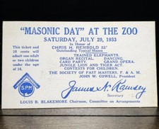 1933 Masonic Day At The Zoo Free Masons Cincinnati Ohio Ticket Admission Pass picture