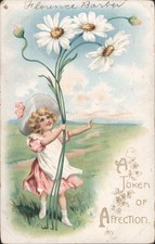 Children Young Girl with Daisies, Token of Affection, Valentine's Day Tuck 1908 picture