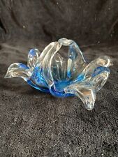 Vtg Chalet/Murano Style Pc Hand Blown Clear And Blue Trinket/Candy Dish Basket.. picture