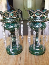 Pair of Antique Victorian Emerald Green Art Glass Mantle Lusters with Prisms picture