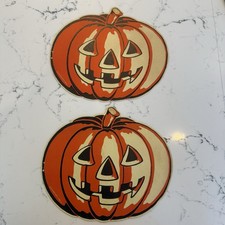 2 Vtg Halloween 1960s American Merri Lei Die Cut Jack-O-Lantern Pumpkin 10” X 9” picture