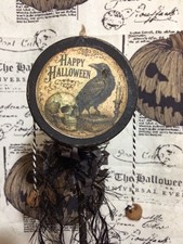 Handmade Vintage Style Halloween NOISEMAKER RATTLE - Skull, Raven & Moon picture