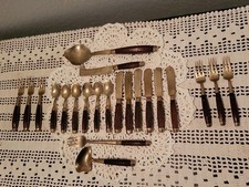 Vintage Rosewood & Brass Appetizer or Dessert Flatware Set with Servers picture