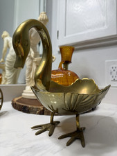 Brass Swan Figurine Trinket Dish Bowl, Scalloped Edge, Approx 7 in Wide picture