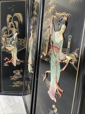 Vintage 1960's Asian Jade?HardStoneBlack Lacquer 3D Geisha Wall Plaques picture