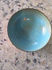Vintage Signed  Leon Statham Speckled Aqua Blue Metal & Enamel Bowl Shows Wear picture