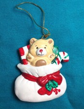 Vintage Teddy Bear Christmas Ornament Russ Santa's Bag Presents Candy Cane Gift picture