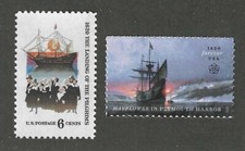 LANDING OF THE PILGRIMS + MAYFLOWER - 2 U.S. POSTAGE STAMPS - MINT CONDITION picture