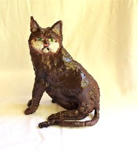 Handcrafted Folk Art metal  dark brown cat  8
