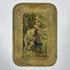 Antique 1884 Lady & Cow GRANITE IRONWARE Advertising Cardboard Tray Kitchen Farm picture