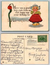1914 Long Beach CA Birthday Postcard Dutch Child Tulip 