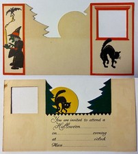 1929 Halloween Dennison Tri Fold Die Cut Invitation Card Witch Cat Bat Unused #2 picture