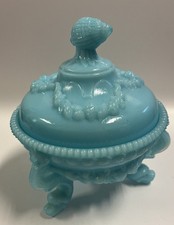 Westmoreland Blue Milk Glass Argonaut Footed Candy Trinket Serving Dish 6.5” Tal picture