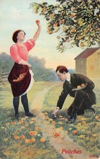 Romance Love Valentines Day Peaches Picking Orchard Grove Skirt Vtg Postcard A57 picture