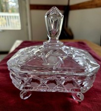 Pinwheel Pattern Footed Pressed Glass Vanity Jewelry Trinket Box  Dish, Vintage picture