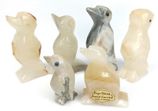 Vintage 1980s Onyx Stone Hand Carved Penguin Figurine Set Of 6 picture