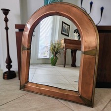Vintage Handcrafted Hammered Copper w/ Brass Accents Arched Wall Mirror 24