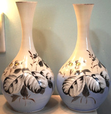 Antique PAIR 2 Vases BRISTOL GLASS Hand Painted Feathers Blue White VICTORIAN picture