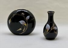 Vintage OTAGIRI Black Porcelain Round Vase & Bud Vase Set w/Calia Lily Flowers picture