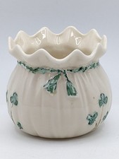 Vtg Belleek Shamrock Money Bag Vase Cinched Sack Ruffled Rim 6th Mark 1965-80's picture