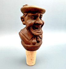 VINTAGE FOLK ART CARVED WOODEN LAUGHING MAN IN HAT BOTTLE TOPPER WITH CORK E217 picture