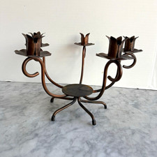 Vintage Brutalist Copper Wrought Iron Tulip Candelabra 5 Light Centerpiece 13