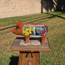 Vintage Talavera Pig Planter Mexico Ceramic Clay Flower Pot Folk Art Brown Blue picture
