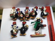 8 Vtg Wooden Painted Penguin Christmas Ornaments - Muscians & A Skier - Taiwan picture