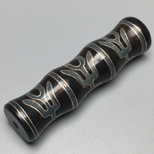 Tibetan Old Dzi Bamboo Noble Figure Engraved Silver Cinnabar Oily Patina B626 picture