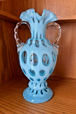 Fenton Blue Opalescent Coin Dot Double Handled Vase 10.5
