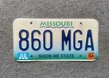 Missouri License Plate 860-MGA July 2004 Show Me State  picture