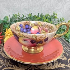 Aynsley England Tea Cup Saucer Burnt Orange Gold Orchard Fruit Berries Signed picture