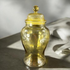 Vintage Indiana Glass Amber Yellow Glass Apothecary Jar Canister With Lid VTG picture
