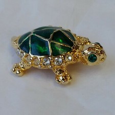 Turtle Lapel Hat Jacket Pin Green Shell Faux Jewels Gold Color Metal picture