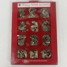 Vintage 12 Twelve Days of Christmas Pewter Ornaments With Red Ribbons ~ Benton picture