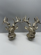 Vintage Silver Tone Deer Stag Head Bottle Stoppers Pair Antler Barware picture
