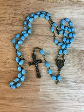 Vintage Catholic Rosary Blue Milk Glass Oval Beads Brass Crucifix 17