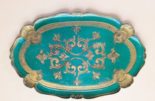 Vintage Italian Florentine Wood Serving Tray Green Gold Guilded Oval 17x11 1960s picture