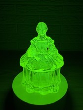 Mosser Vaseline Uranium Glass Victorian Lady Powder Jar Trinket Box 5” Mint picture