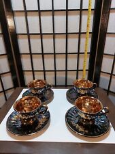 OSPA Porselen Tea Cup&Saucers 4 Black with Irridescent Swirls Gold interior Cups picture