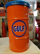 GULF OIL 1930S 1940S 1950S VINTAGE GAS STATION STYLE 16 GALLON STEEL TRASH CAN picture