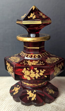 Antique Biedermeier Bohemian Ruby Glass Perfume Bottle - Moser Style Gold Gilt picture