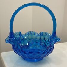 Fenton Art Glass Basket Colonial Blue Thumbprint Ruffled 8