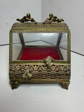 Vintage Ormolu Trinket Box w/ Cherubs and Birds and Beveled Glass picture