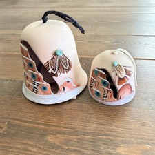 Hand-Painted Pueblo Clay Bell with Turquoise Style Accent & Feathers Signed ARA picture
