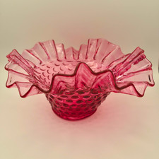 Vintage Fenton Cranberry Pink Hobnail Bowl Crimped Ruffled Edge Pink Art Glass picture