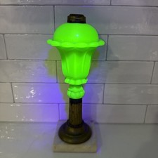 Antique 19th C Uranium Glass Whale Oil Lamp Jade Green Marble Base UV Glow NICE picture