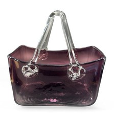 Vintage Amethyst Purple Hand Blown Glass Purse Bowl Dish With Clear Handles VTG picture