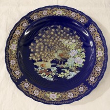 Vintage Large Moroccan TAOUS Blue Hand-Painted Porcelain Peacock Plate 14 Inches picture