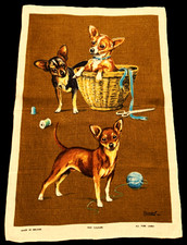 NWOT 60s Vtg. Lamont Irish Linen Tea Towel Wall Art CHIHUAHUA PUPS picture